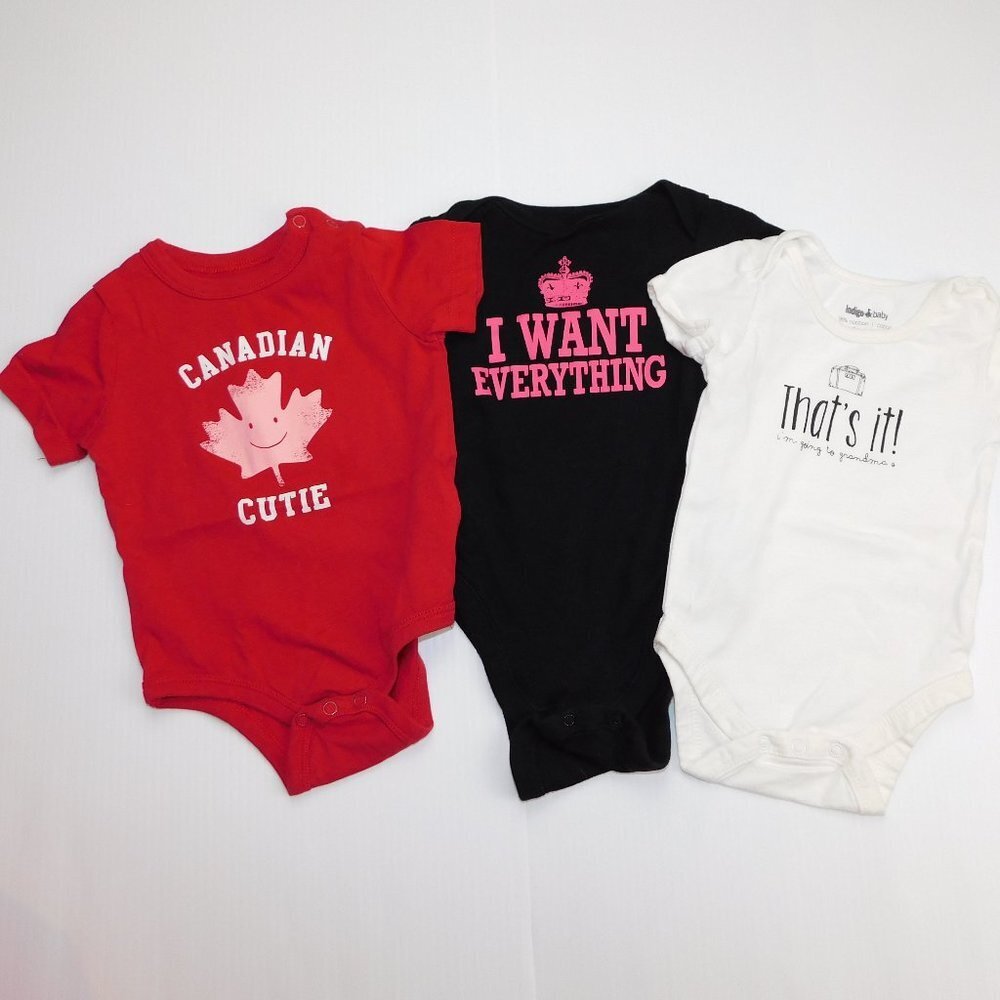 Lot 3 Onesies Baby Girl 6-12 Months Canadian Cutie I want Everything